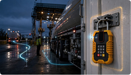 A Proxgy smart padlock on a tanker truck at night, with the driver's route traced on the ground