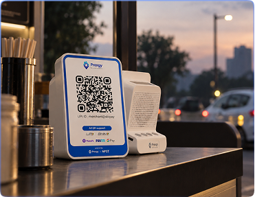 A Proxgy UPI QR soundbox on a shop counter at dusk